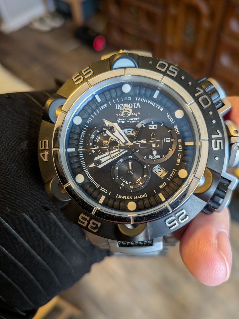 Invicta Subaqua Noma V Mens Chronograph 52mm Blk Dial Silver/Black SS Bracelet
